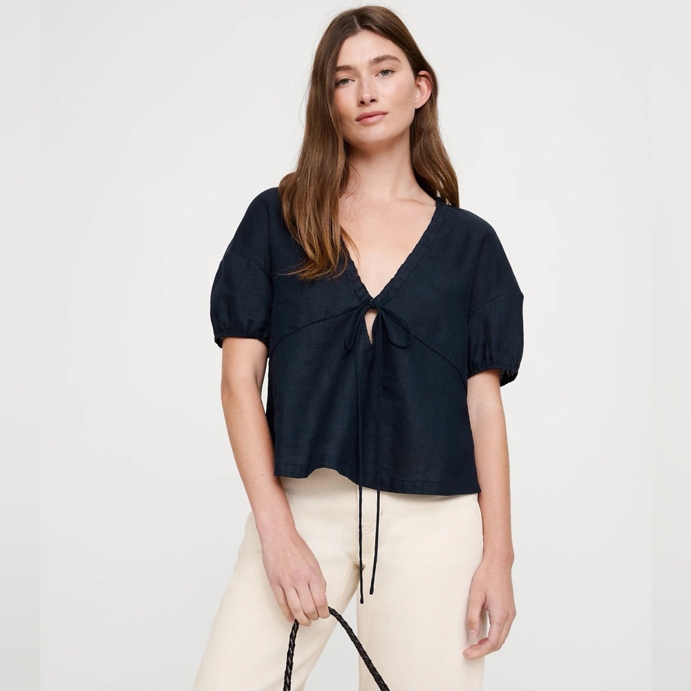 Banana Republic | Black Linen Tie-Front Cropped Blouse - Size S